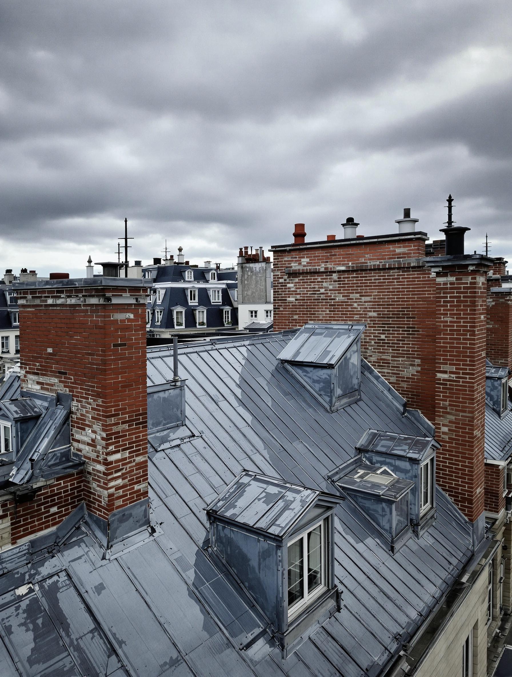 Vue en plongée des toitures haussmanniennes en zinc avec cheminées et lucarnes à Paris.