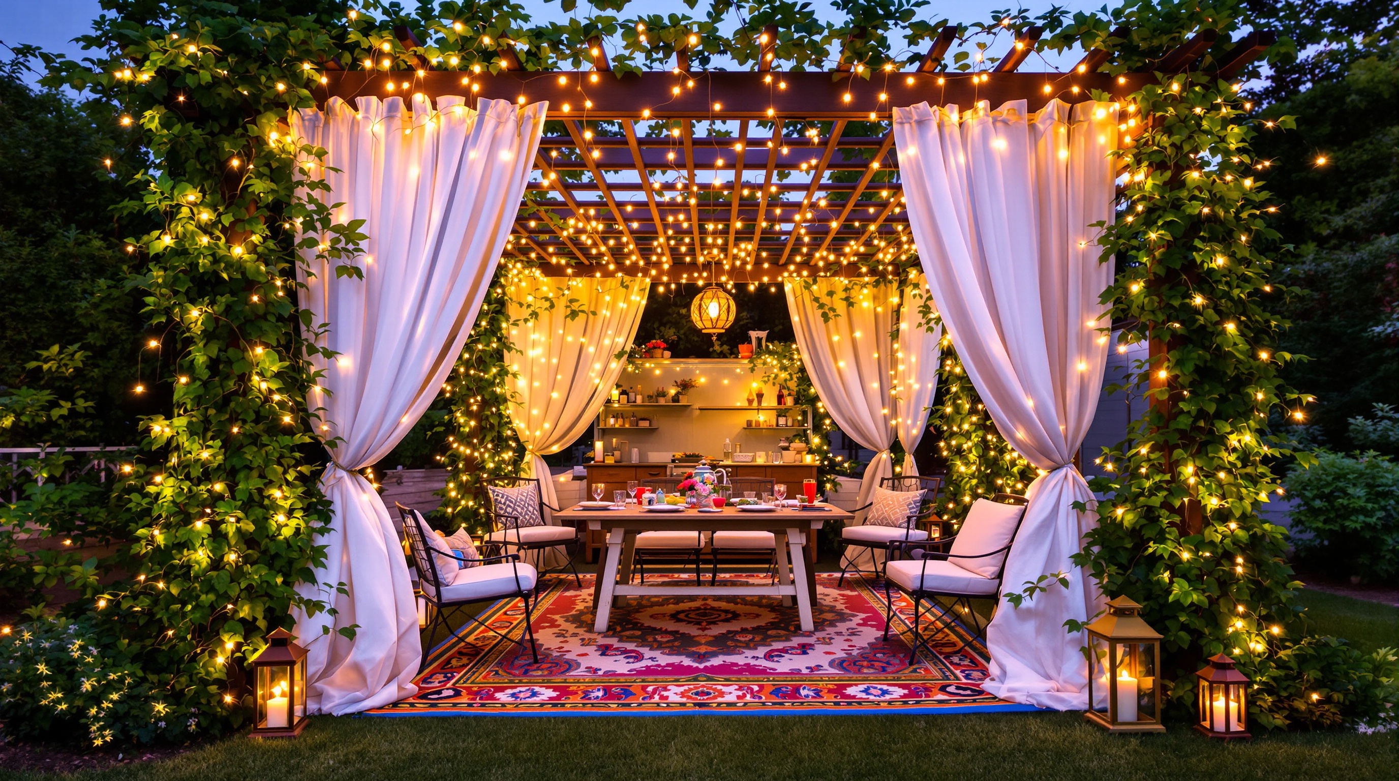 Tonnelle décorée : rideaux blancs, guirlande lumineuse, lanternes solaires, tapis d'extérieur, plantes grimpantes. Ambiance apéro.