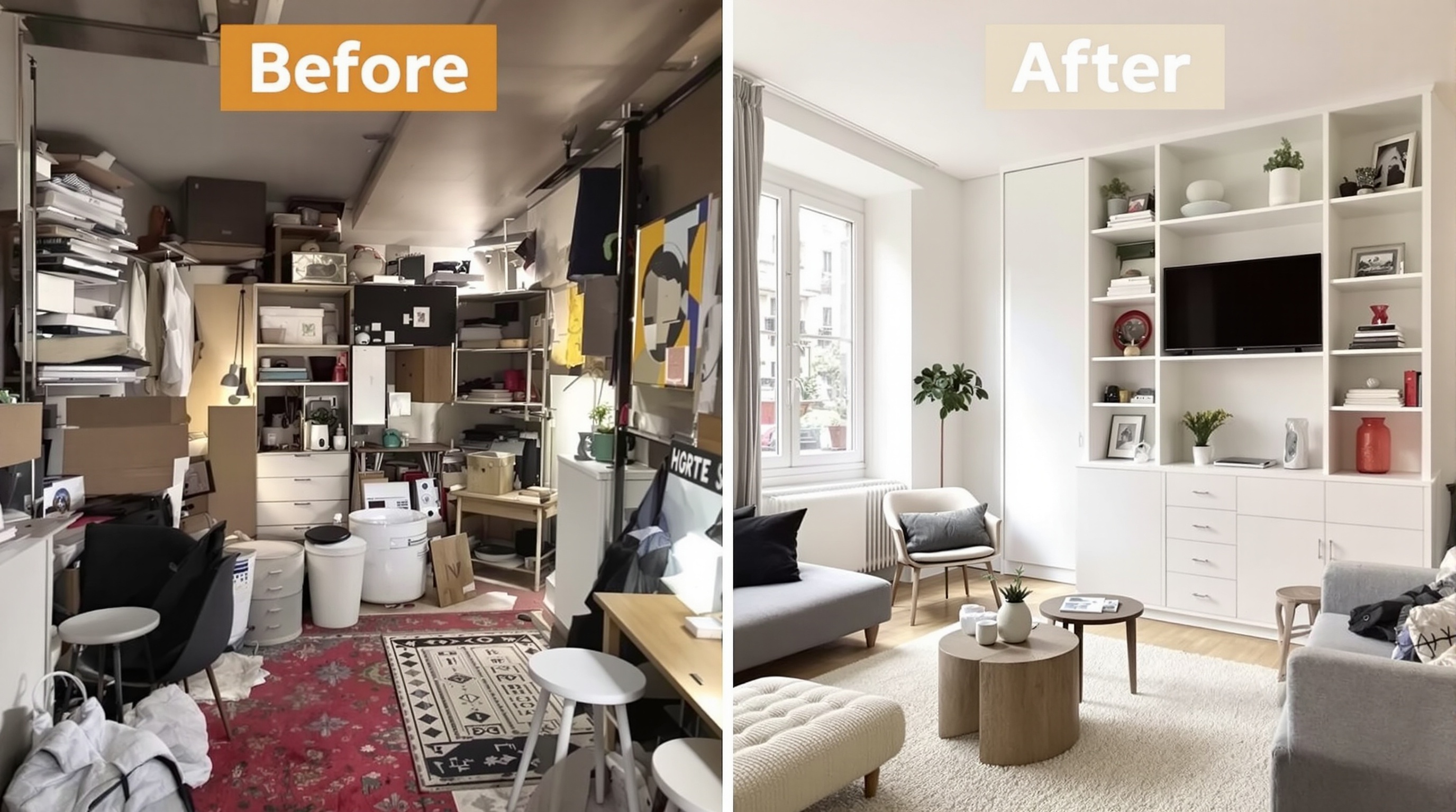 Transformation d'un petit studio : avant et après aménagement, montrant la puissance des astuces d'optimisation.