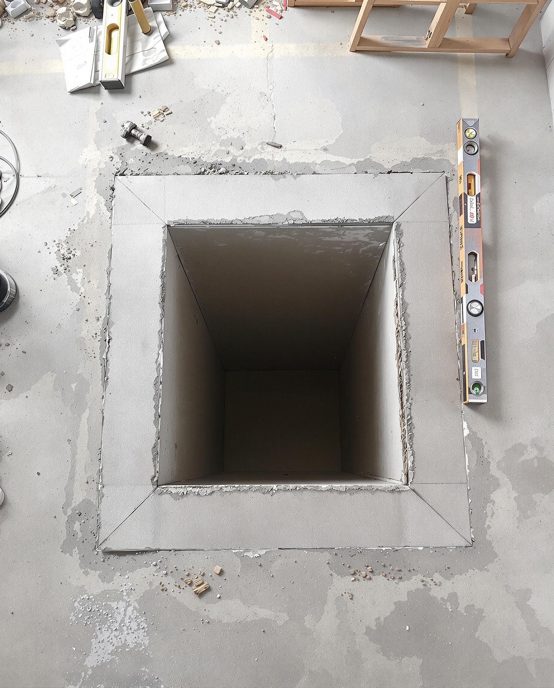 Trémie brute en béton sur un chantier, ouverture structurelle dans le plancher