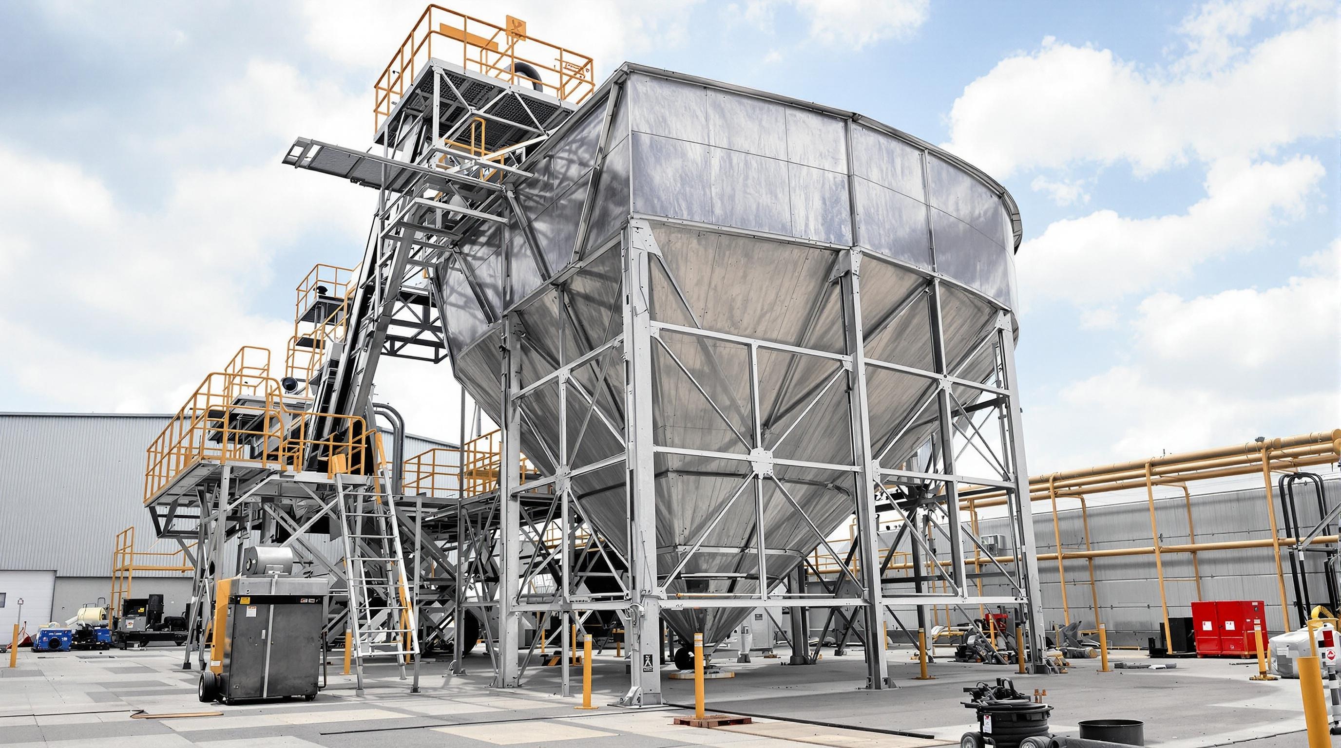 Trémie industrielle massive utilisée pour le stockage de matériaux en vrac et convoyeurs