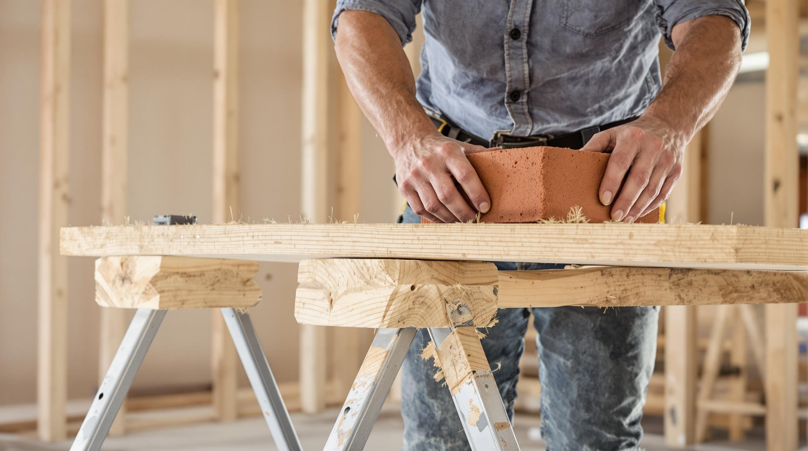 Tréteaux de maçon utilisés correctement comme table stable sur un chantier