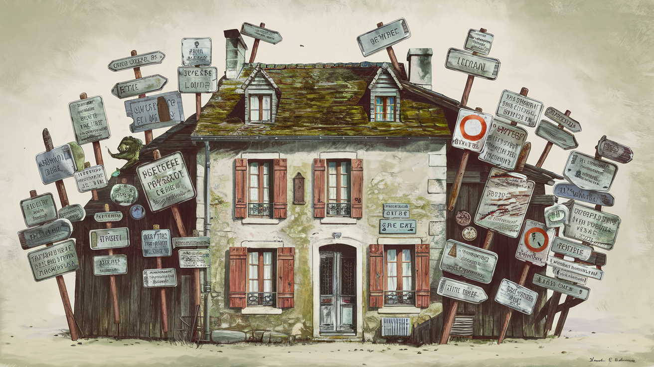 Vieille maison en pierre entourée de panneaux administratifs, ambiance surréaliste et humour grinçant