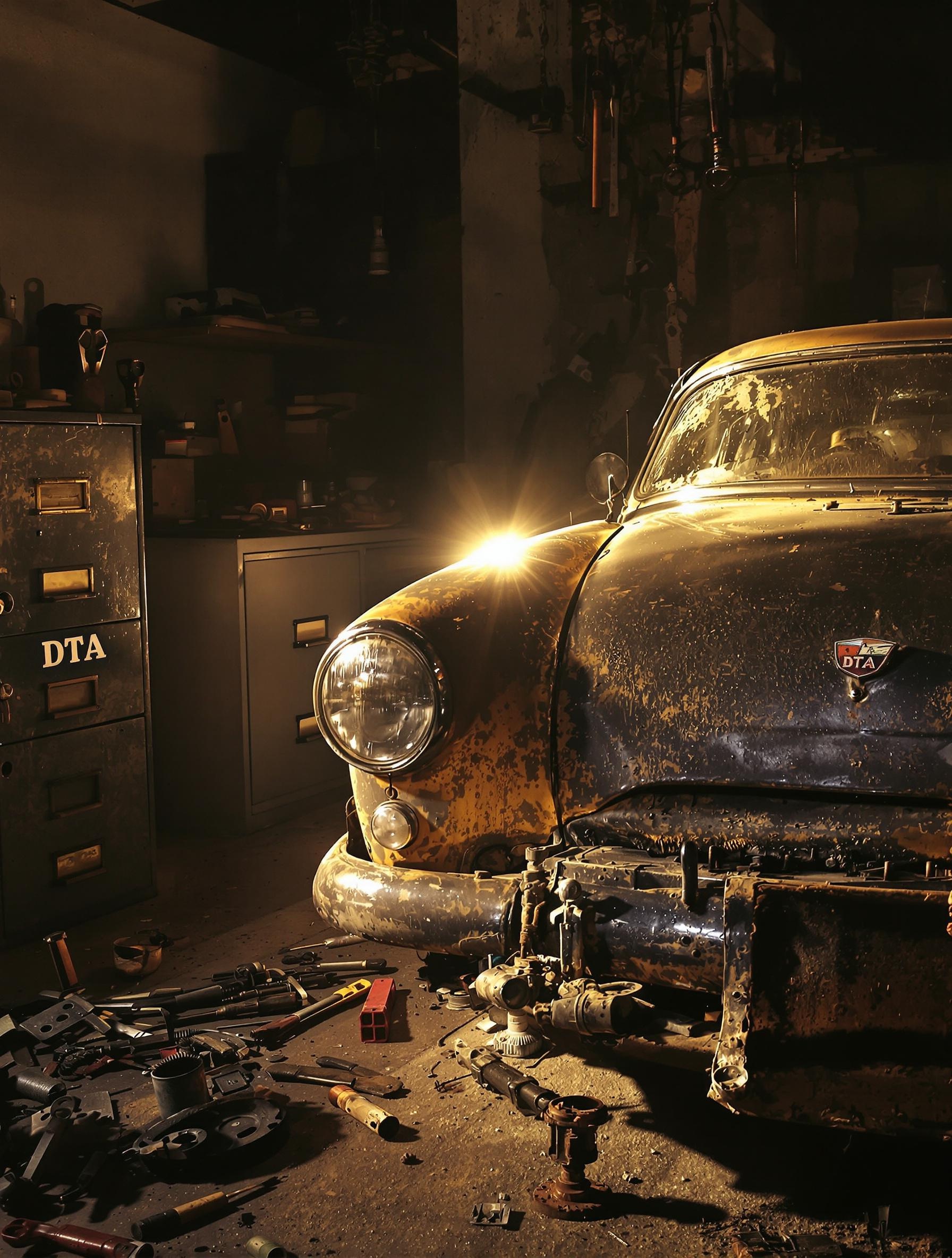 Vieille voiture poussiéreuse dans un garage à côté d'un classeur marqué 'DTA', ambiance bricolage, lumière rasante sur des outils rouillés