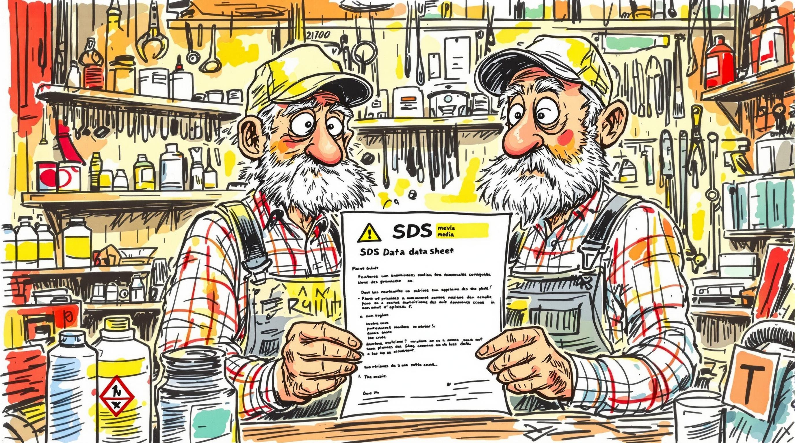 Un bricoleur méfiant face à une FDS et un bidon chimique dans son atelier en désordre.
