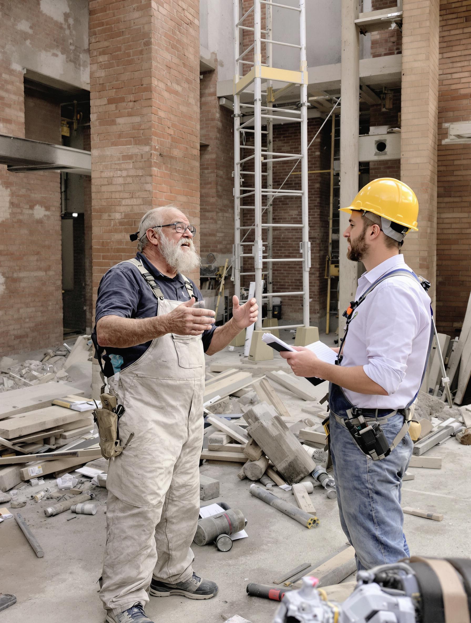 Un maçon expérimenté partage les bases de la sécurité avec des tréteaux sur un chantier