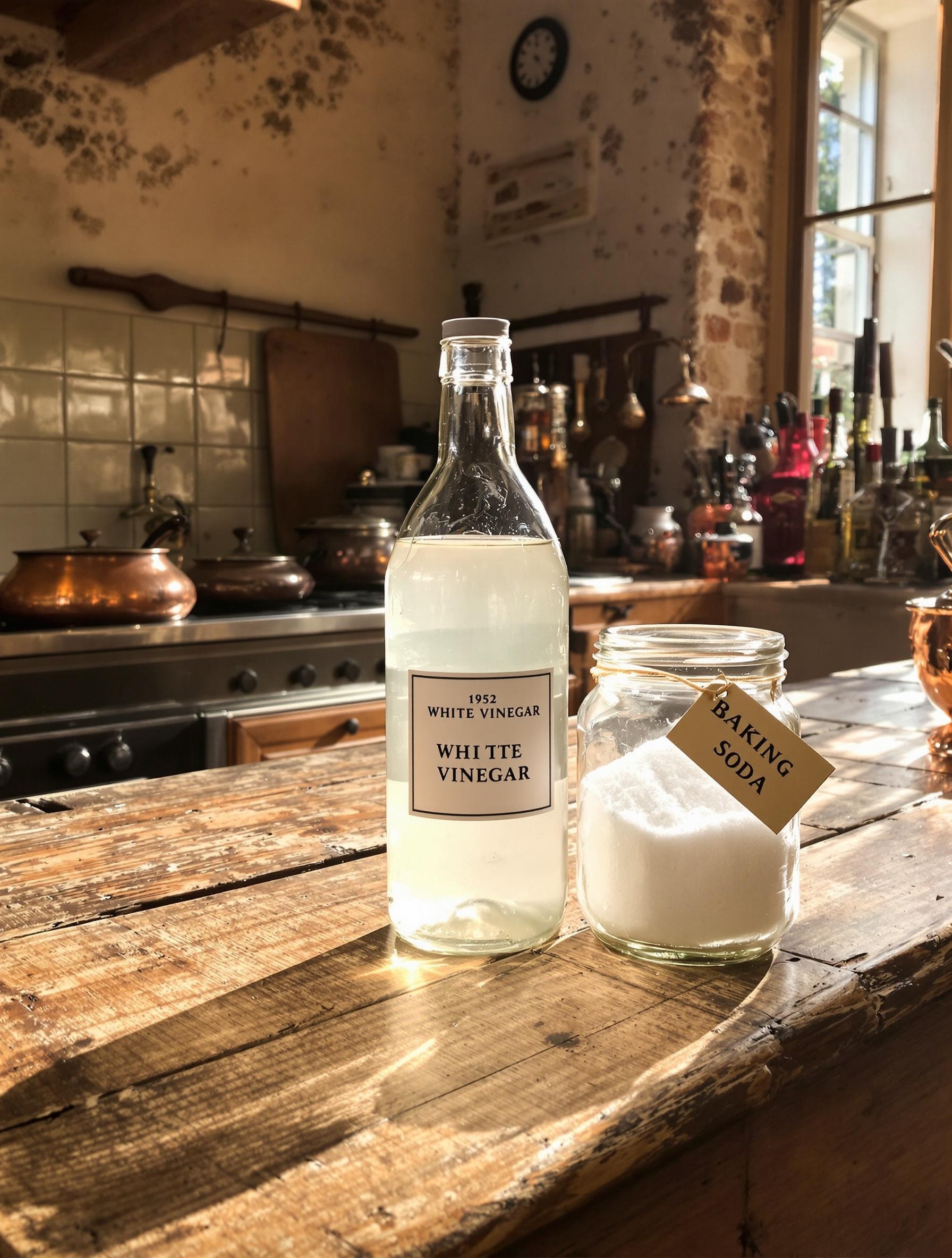 flacon de vinaigre blanc et pot de bicarbonate dans une cuisine rustique