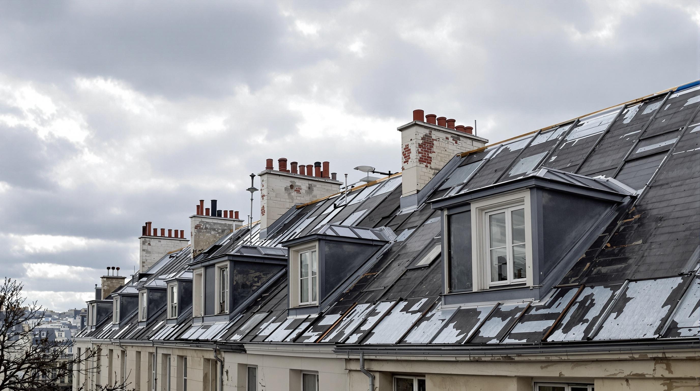 Vue panoramique d'un toit haussmannien parisien en zinc avec pente à 45 degrés et combles mansardés.