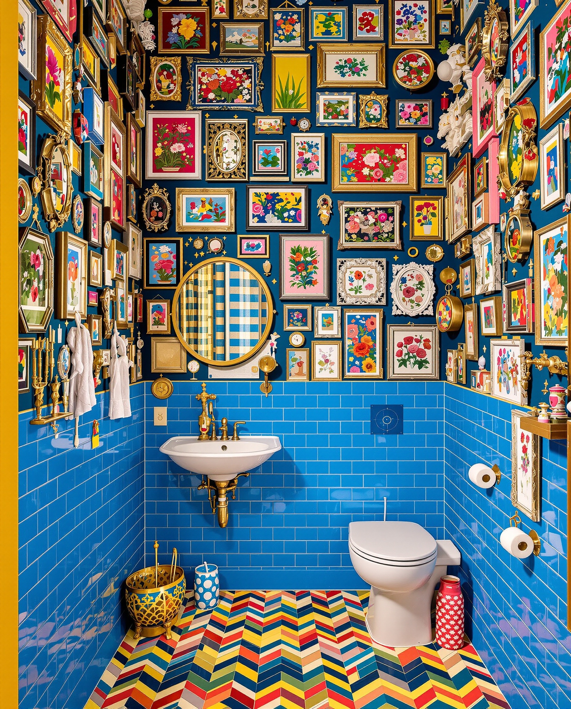 WC maximaliste audacieux accumulation couleurs objets vifs exubérant chic