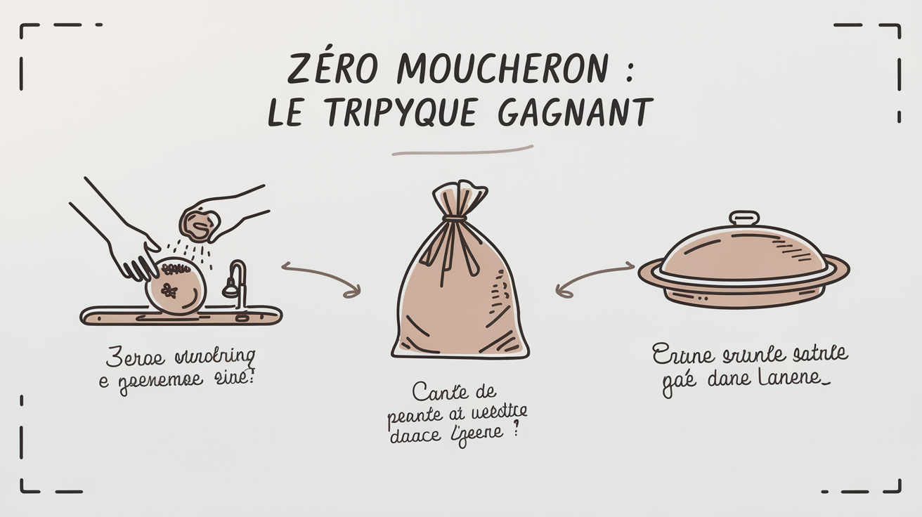Infographie Zéro Moucheron : lavage de fruits, poubelle vidée, plat couvert, style carnet de croquis
