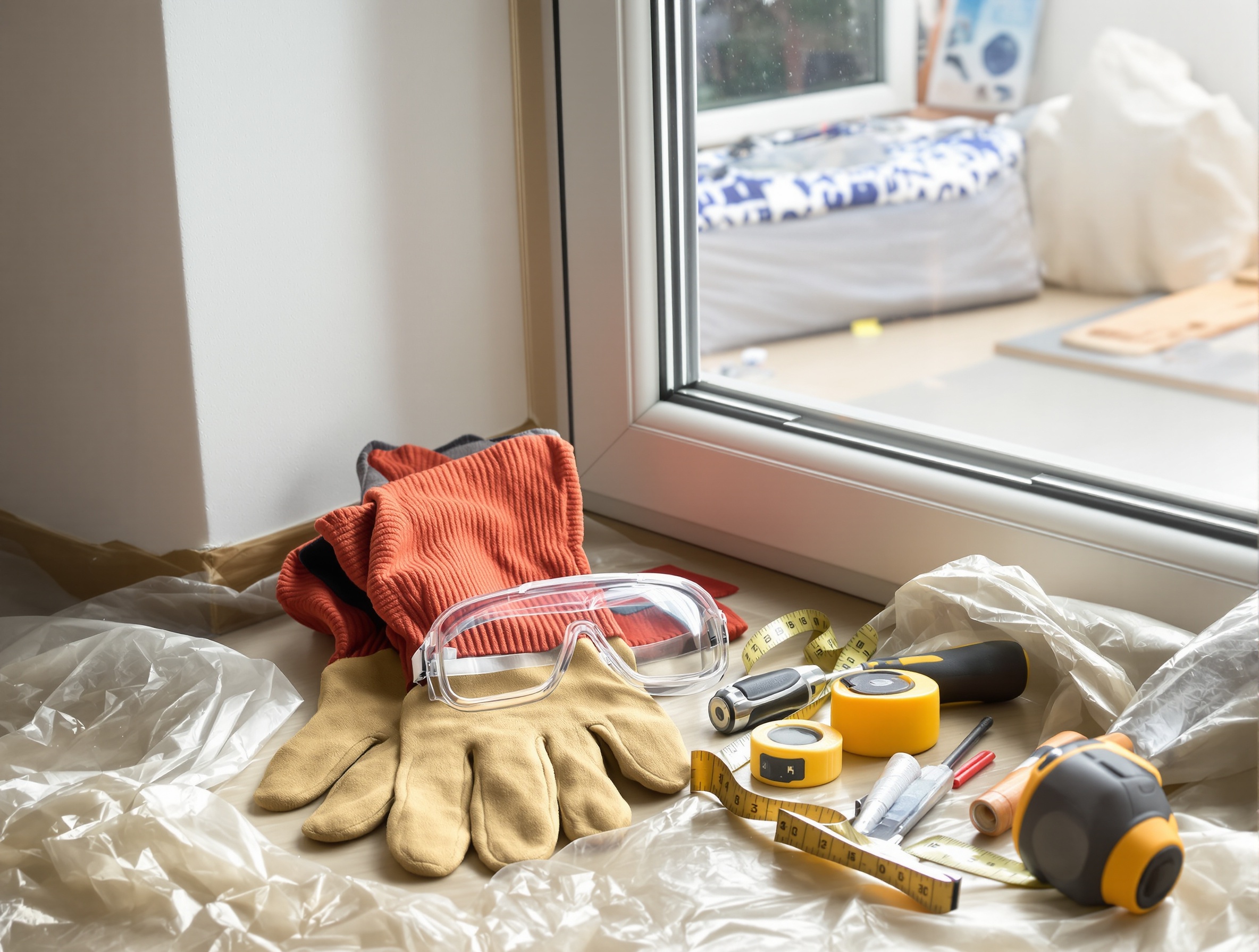 Zone de chantier fenêtre préparée, sol protégé, outils sécurité