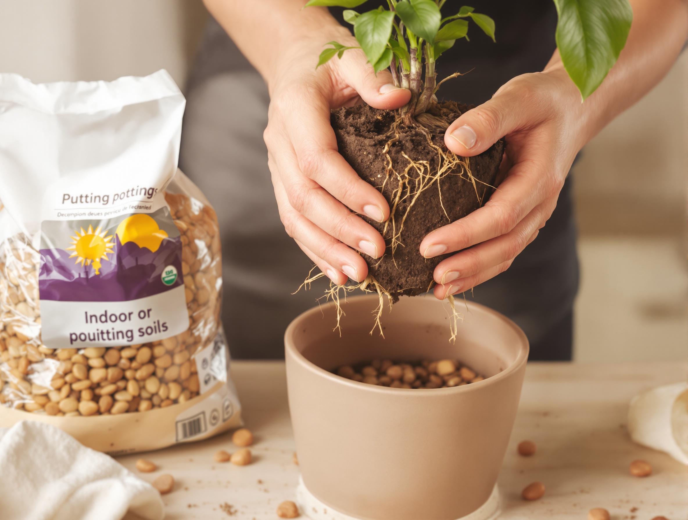 Rempotage d'une plante d'intérieur étape par étape, pot légèrement plus grand, terreau neuf et drainage.