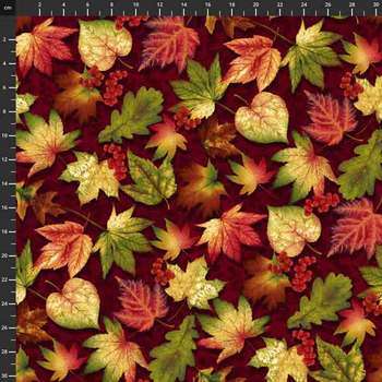 Vente de tissu  feuille d'automne fond rouge foncé à petit prix