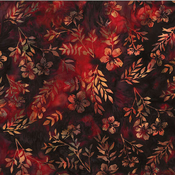 Vente de tissu  Batik fond noir feuilless ton de rouge/rose à petit prix