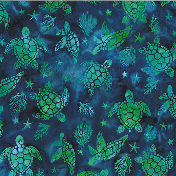 Vente de tissu  Batik  tortues ton de bleu et vert à petit prix