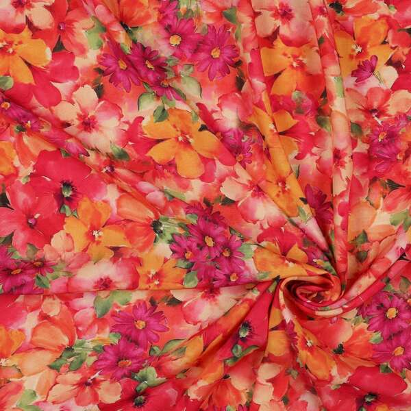 Vente de tissu  Viscose Radiance Digital fleurs ton de rouge orange et rose à petit prix