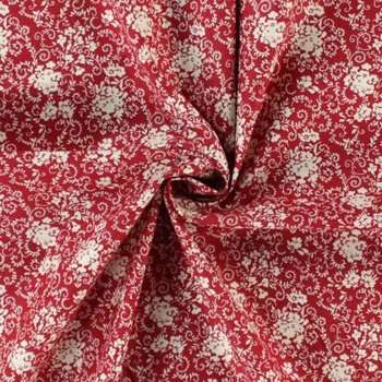 Vente de tissu Patchwork  fleur écru fond rouge à prix Discount