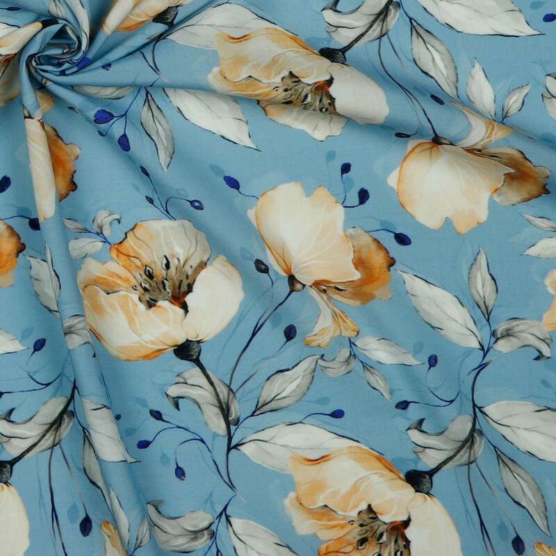 Vente de tissu Patchwork  Viscose radiance baby bleu fleurs sur fond bleu à prix Discount