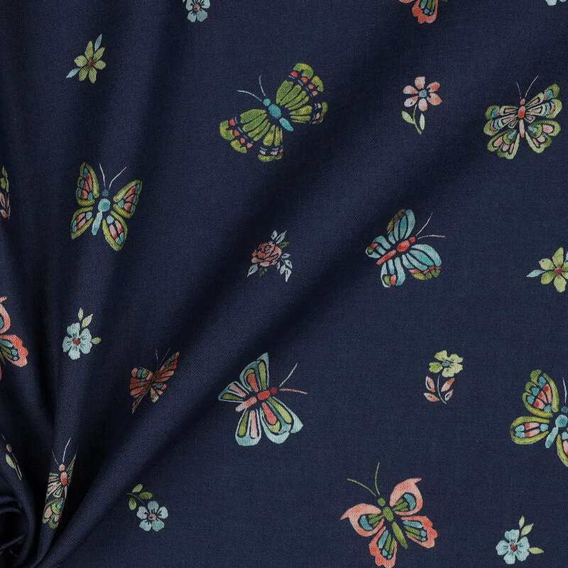 Vente de tissu Patchwork  Papillons fond bleu navy à prix Discount