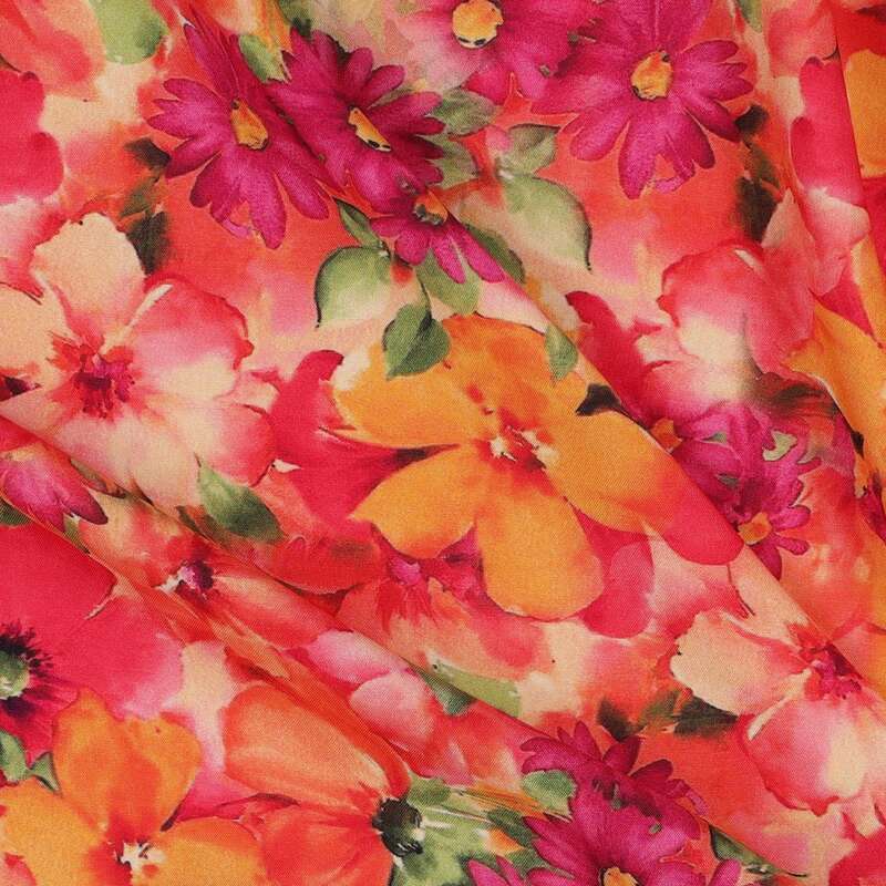 Vente de tissu Patchwork  Viscose Radiance Digital fleurs ton de rouge orange et rose à prix Discount