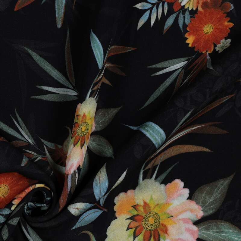 Vente de tissu Patchwork  Viscose grande fleur sur fond noir à prix Discount